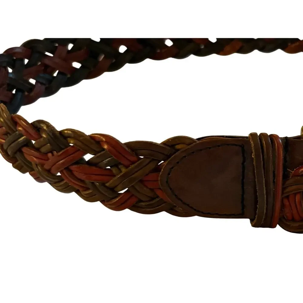 Lands End Braided Leather Belt Size 28 Brown Multi Color Gold Buckle Vintage